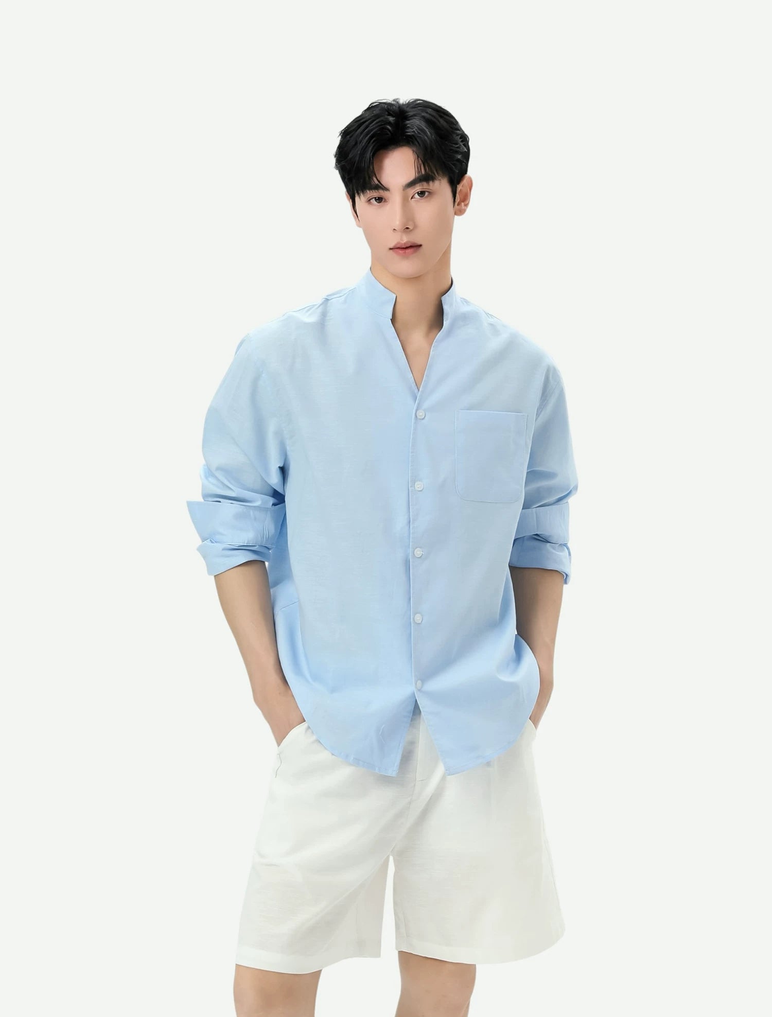 Stand Collar Linen Clean Fit Shirt