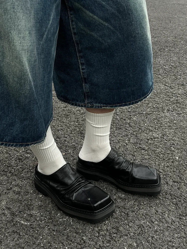 Dark Chunky Square-Toe Derby Mule Shoes