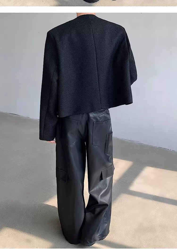 Black Collarless Button-Detail Cropped Jacket