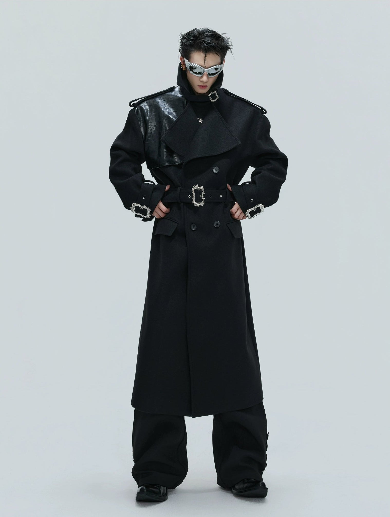 【25s Nov.】Crocodile-print Lace-up Metal Buckles Woolen Coat