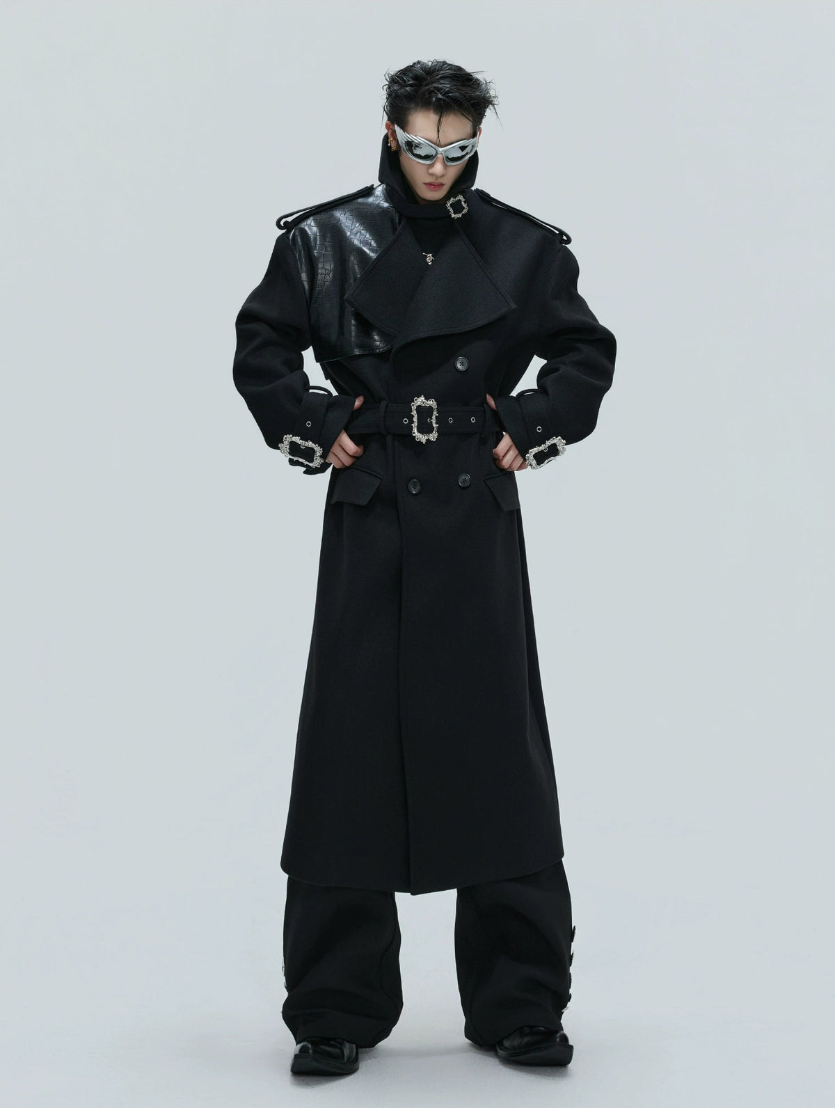 【25s Nov.】Crocodile-print Lace-up Metal Buckles Woolen Coat