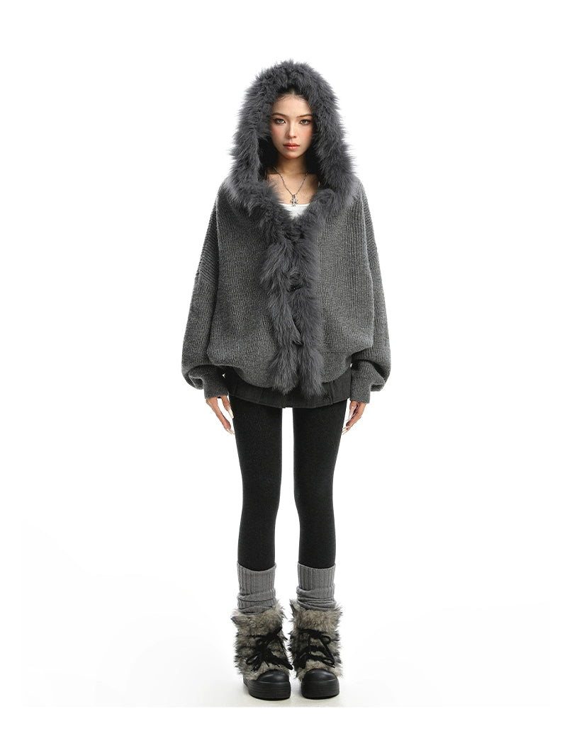 【25s Nov.】Large Fur Collar Hooded Cardigan