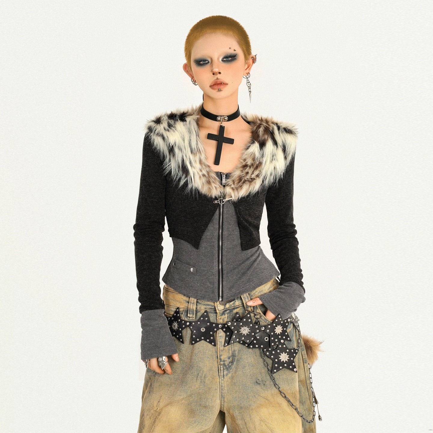 【25s Oct.】Hot Girl Leopard Print Fur Collar Knit Cardigan