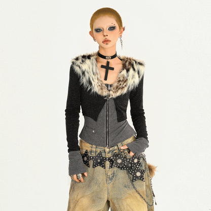 【25s Oct.】Hot Girl Leopard Print Fur Collar Knit Cardigan