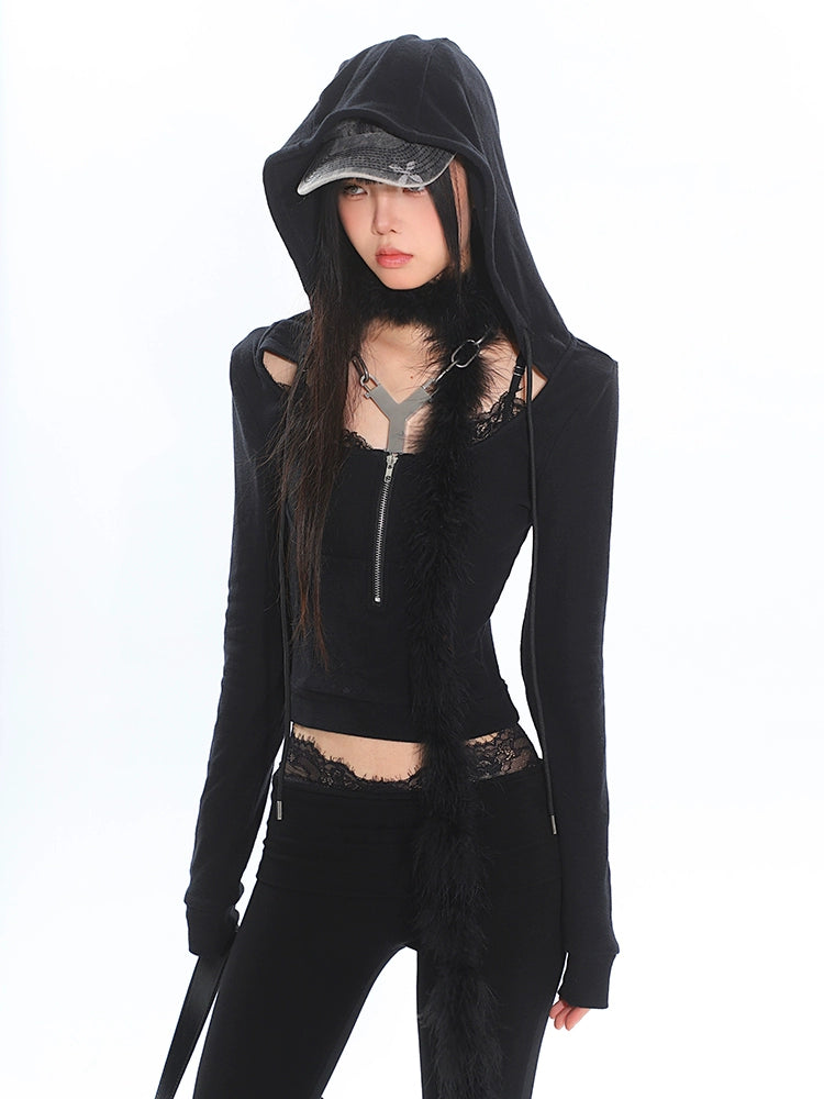 【24s Nov.】Dark Niche Hooded High Elastic Lace Top + Flared Trousers ArtsKoreanMan