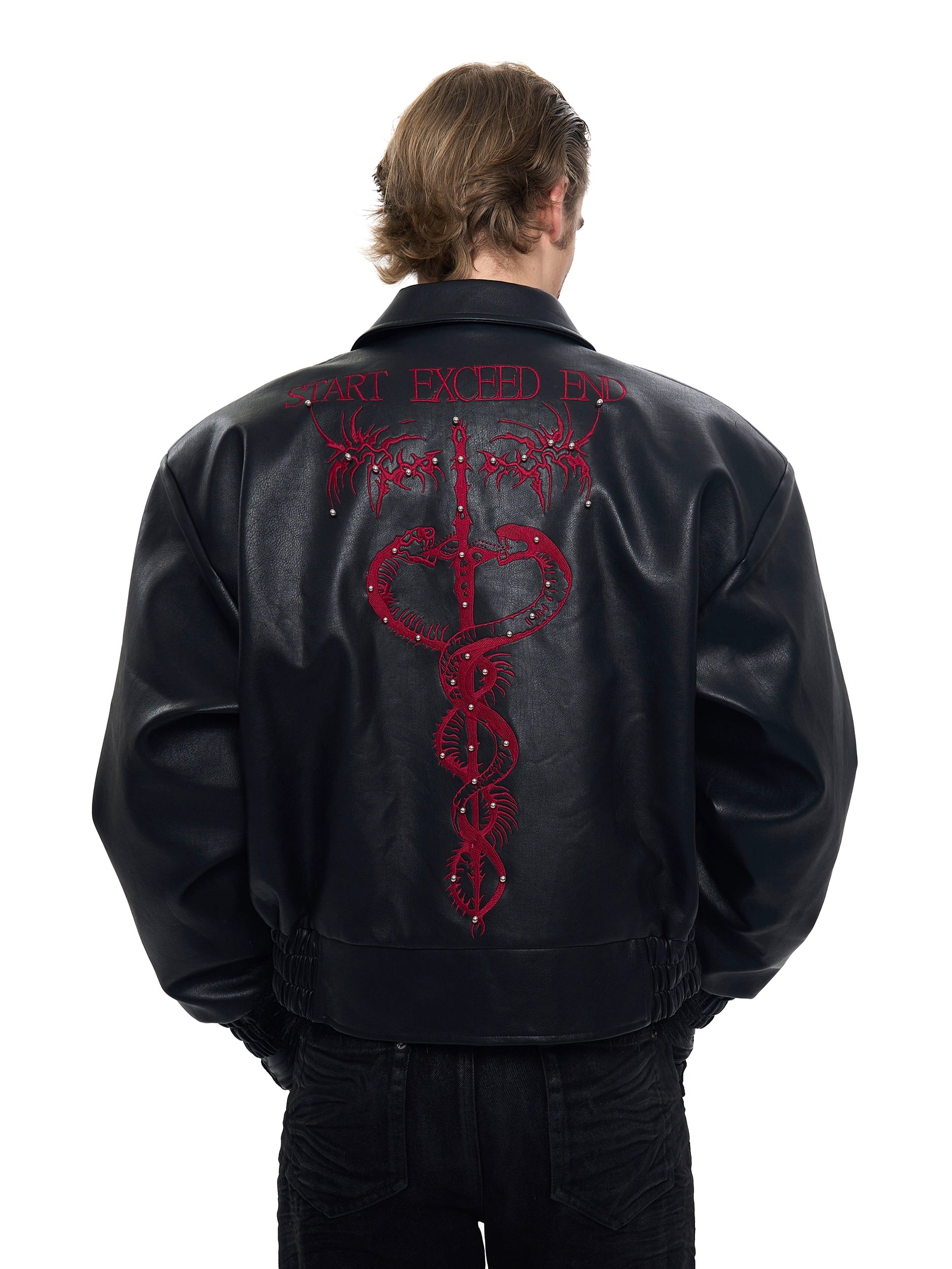 【25s Sep.】Cropped Faux Leather Jacket with Thorn Embroidery