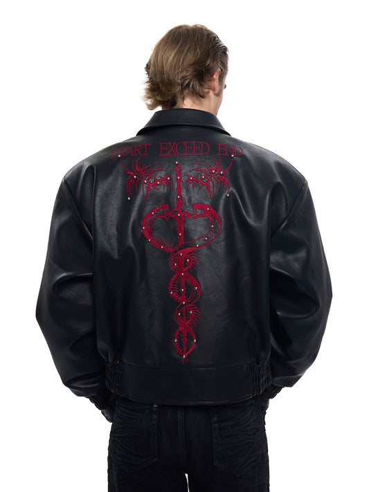【25s Aug.】Cropped Faux Leather Jacket with Thorn Embroidery