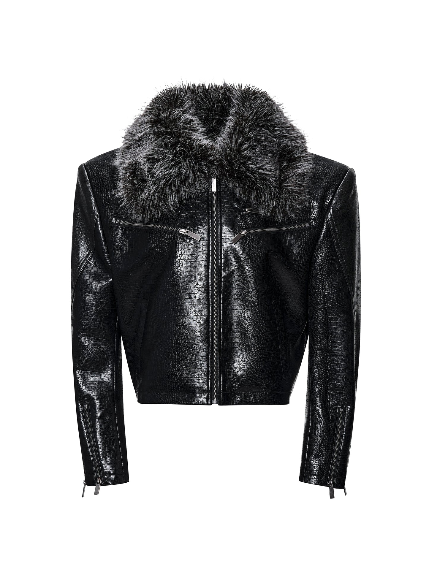 Crocodile Fur Collar Short Leather Jacket