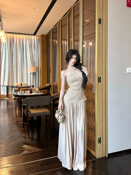 【25s Aug.】Lace Stitching Satin Halterneck Dress