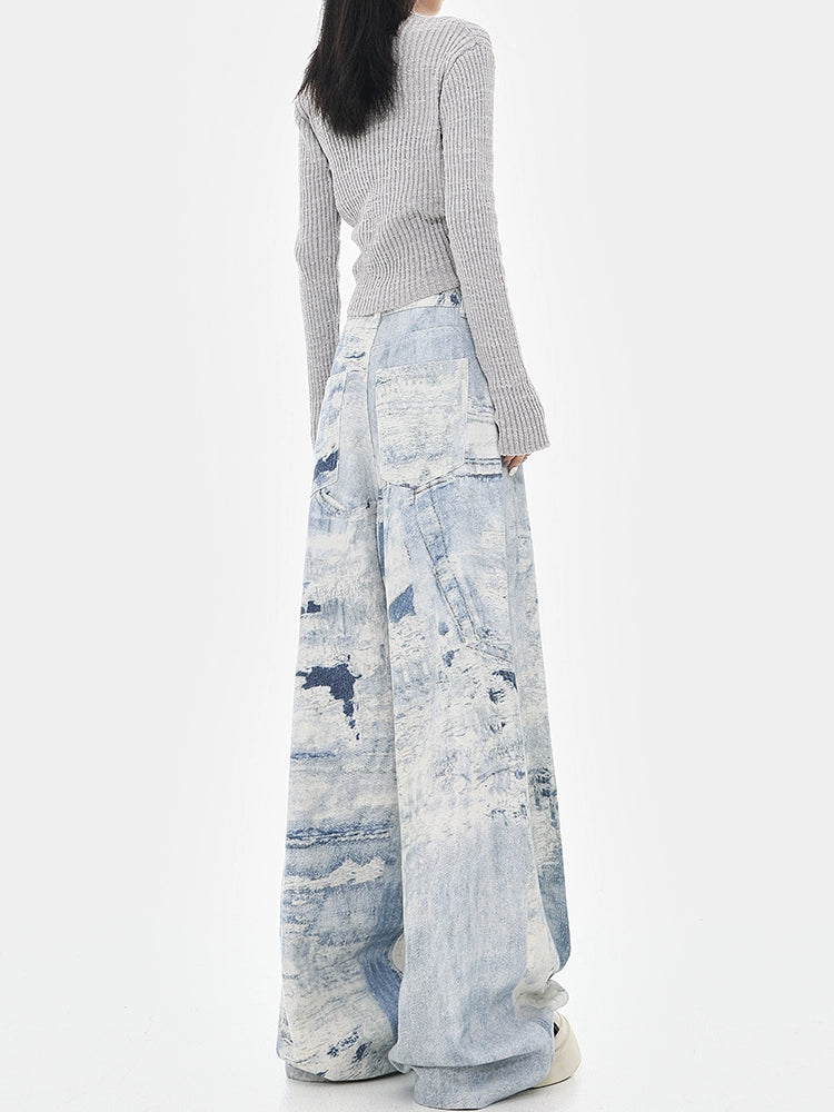【25s Jul.】High-Waist Washed Tie-Dye Wide Jeans