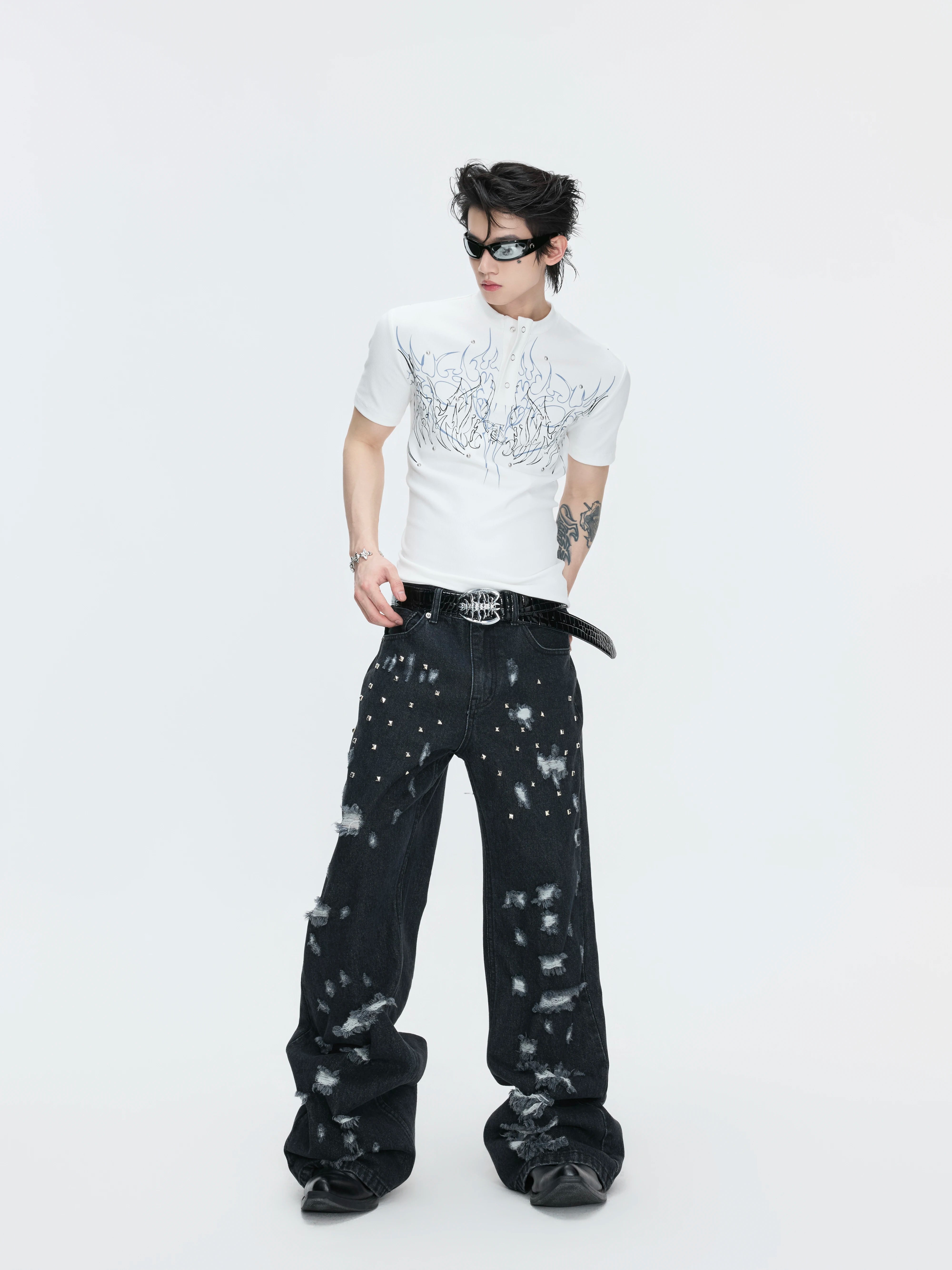 Gothic Flame Studded Slim Tee