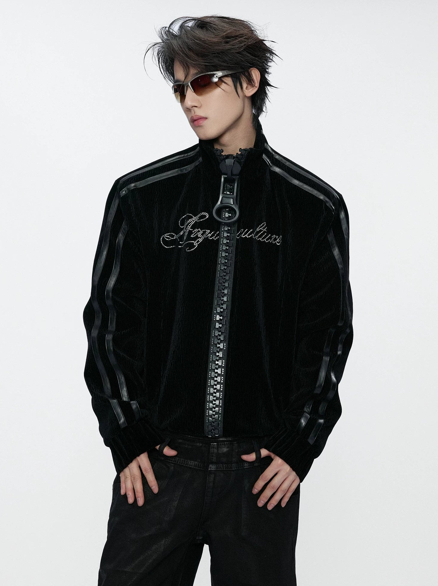 Wave Texture Rhinestone Moto Jacket