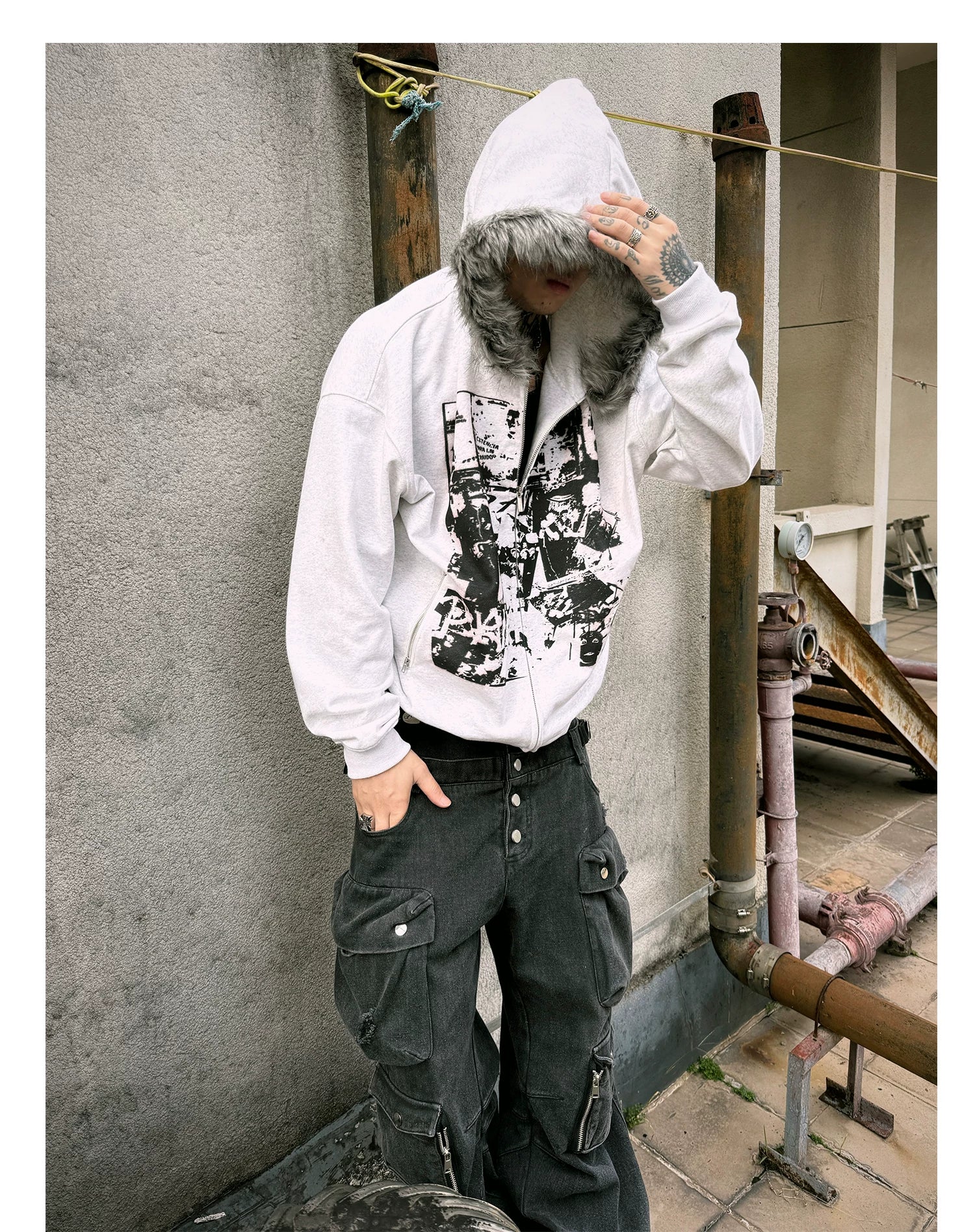 【26s Jan.】Vintage Printed Fur-Trim Zip-Up Hoodie Jacket