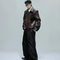 Embroidered Cropped Stand-up Collar Leather Jacket