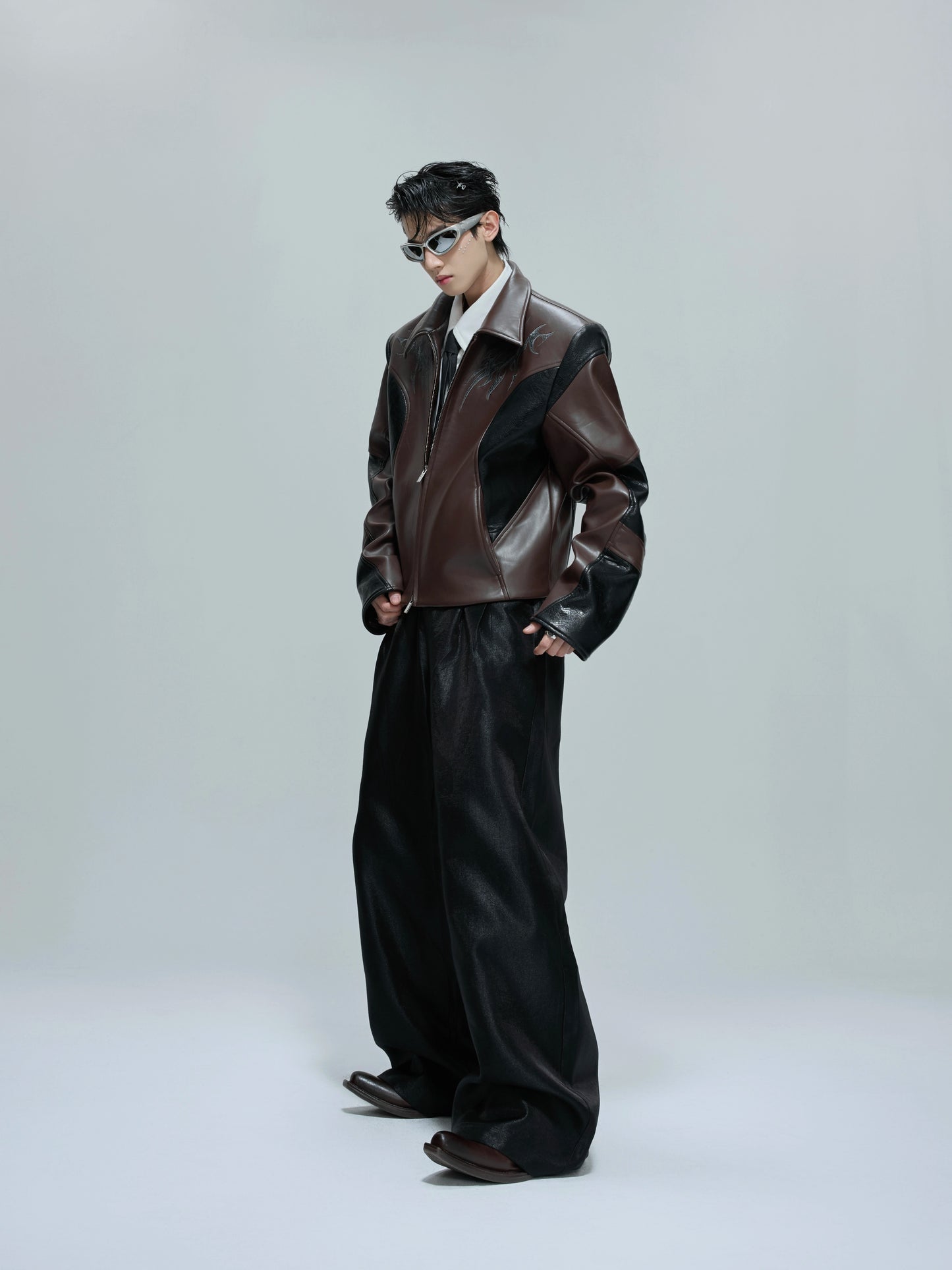 Embroidered Cropped Stand-up Collar Leather Jacket