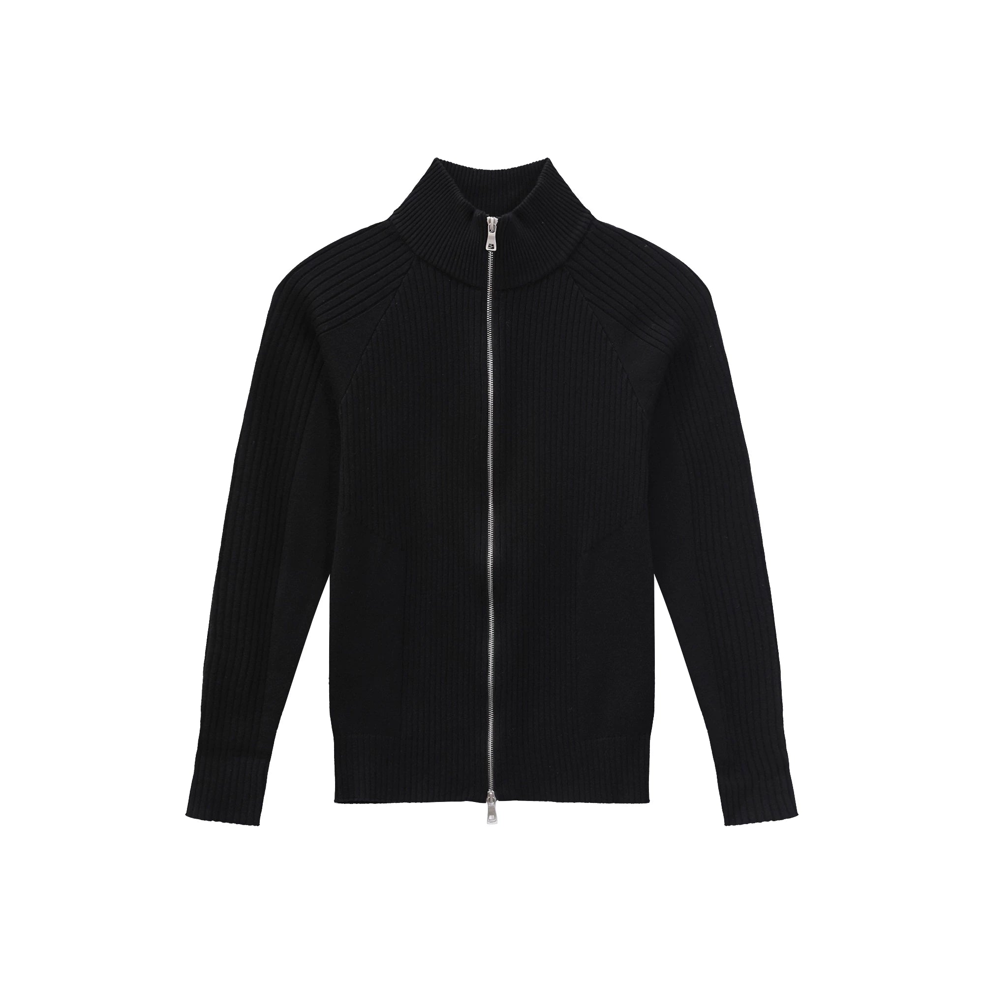 【26s Jan.】Slim-Fit Ribbed Stand Collar Double-Zip Knit Cardigan