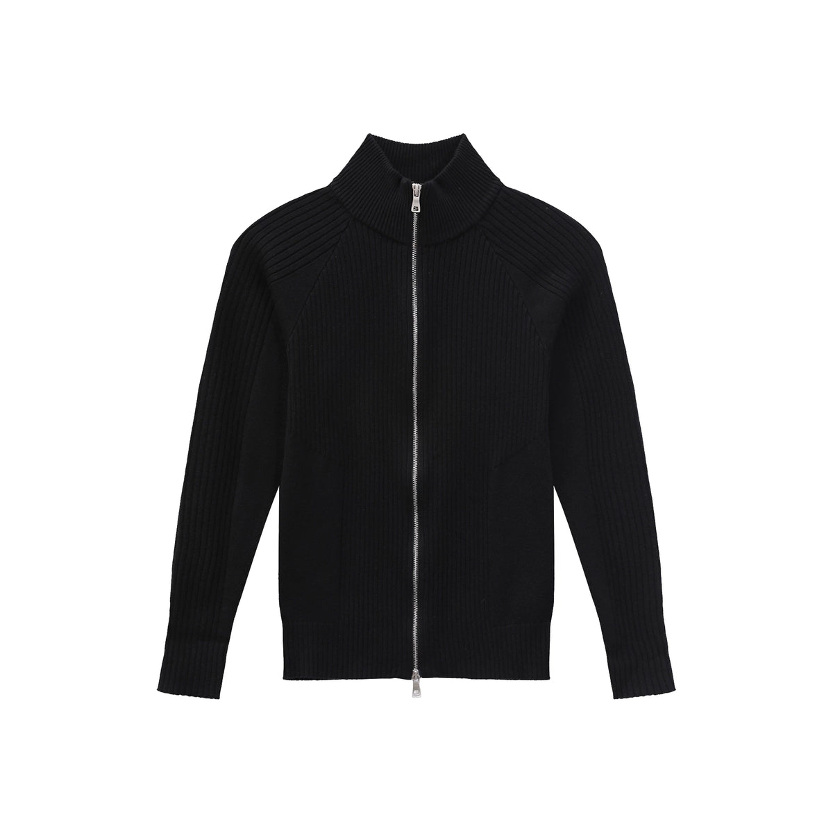 【26s Jan.】Slim-Fit Ribbed Stand Collar Double-Zip Knit Cardigan