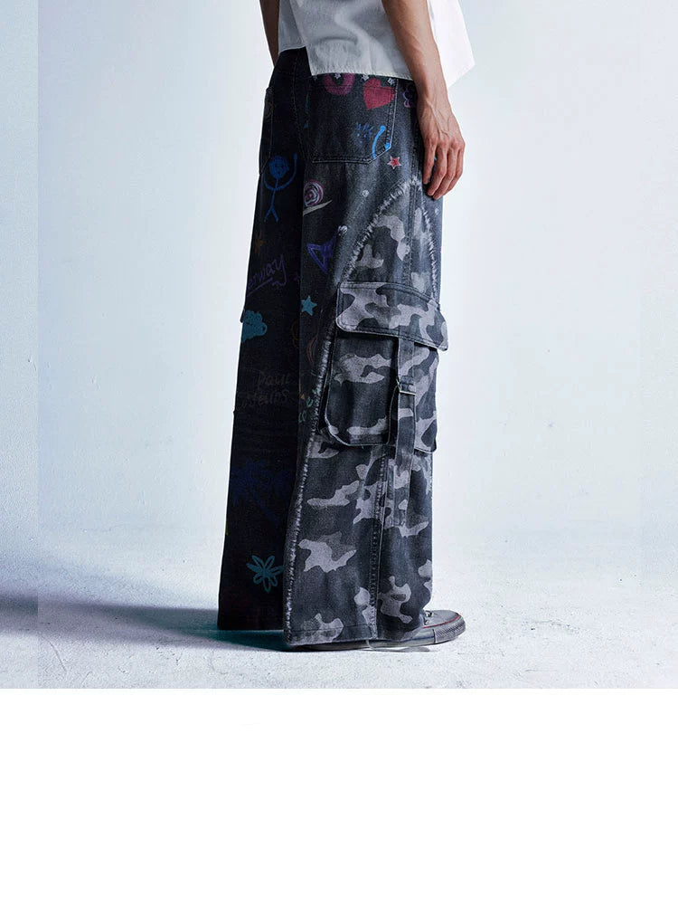 【25s Aug.】Vintage Cartoon Graffiti Camouflage Patchwork Jeans