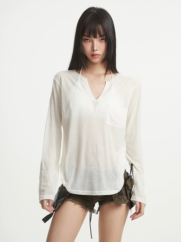 【25s Aug.】Black V-Neck Slim Fit Sheer UV Protection T-Shirt