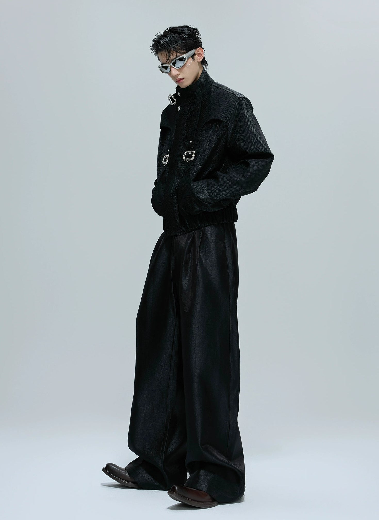 【25s Nov.】Crocodile-print Scale Cropped Leather Jacket