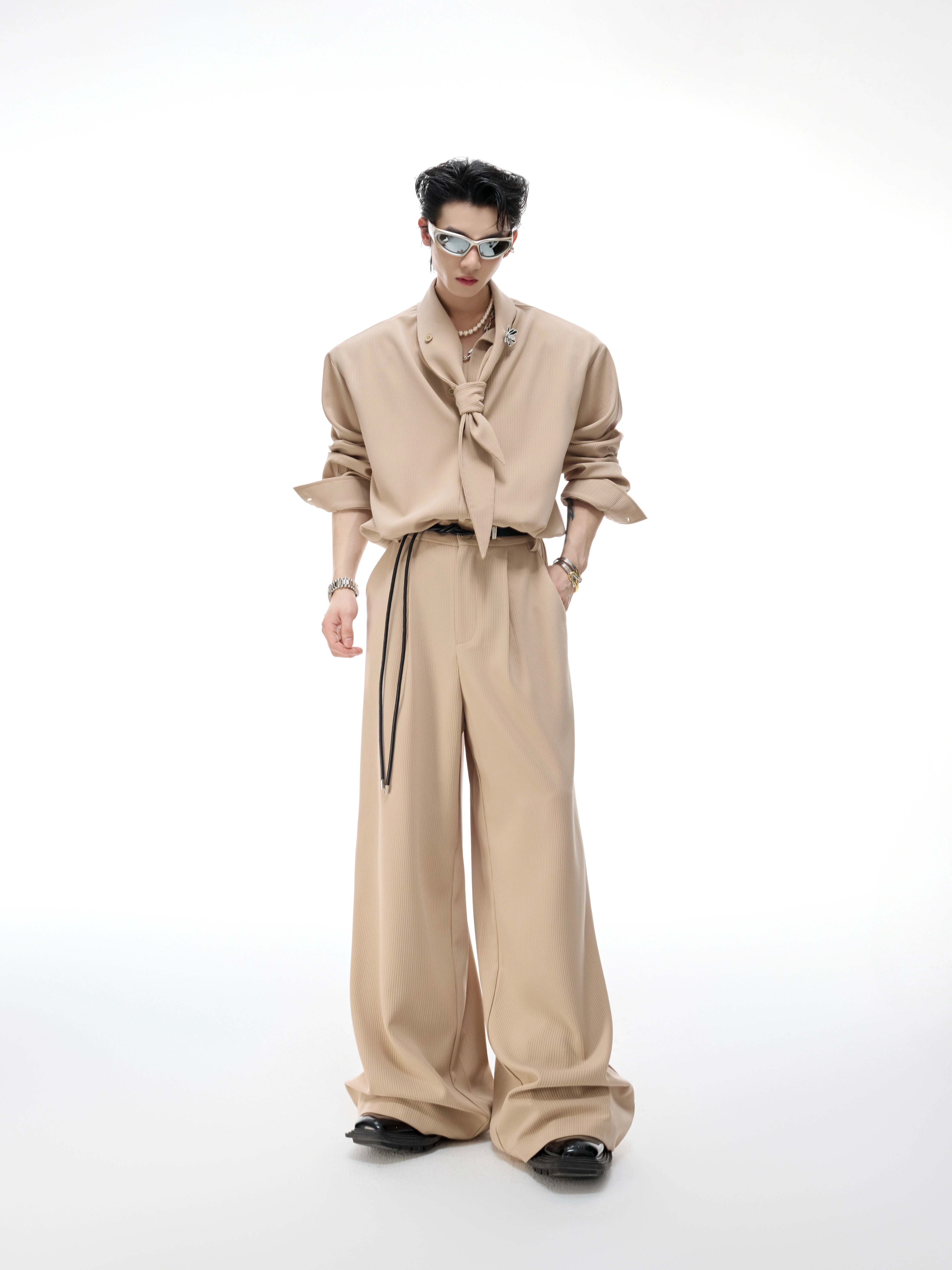【25s Sep.】Scarf Shoulder Pad Shirt / Drape Wide-leg Pants