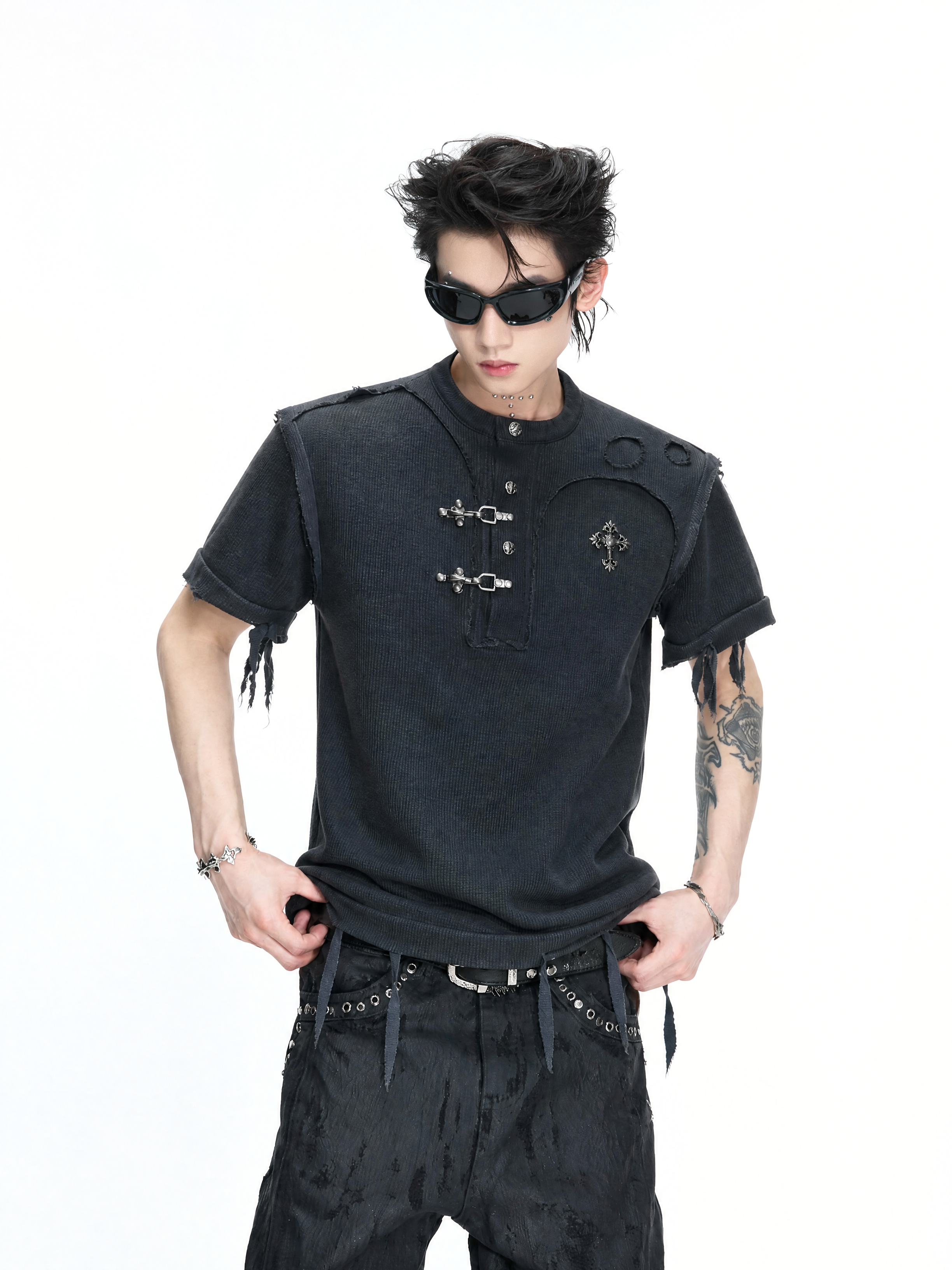 Distressed Rib Texture Henley Tee
