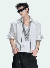 Contrast Lace-Up Satin V-Neck Shirt