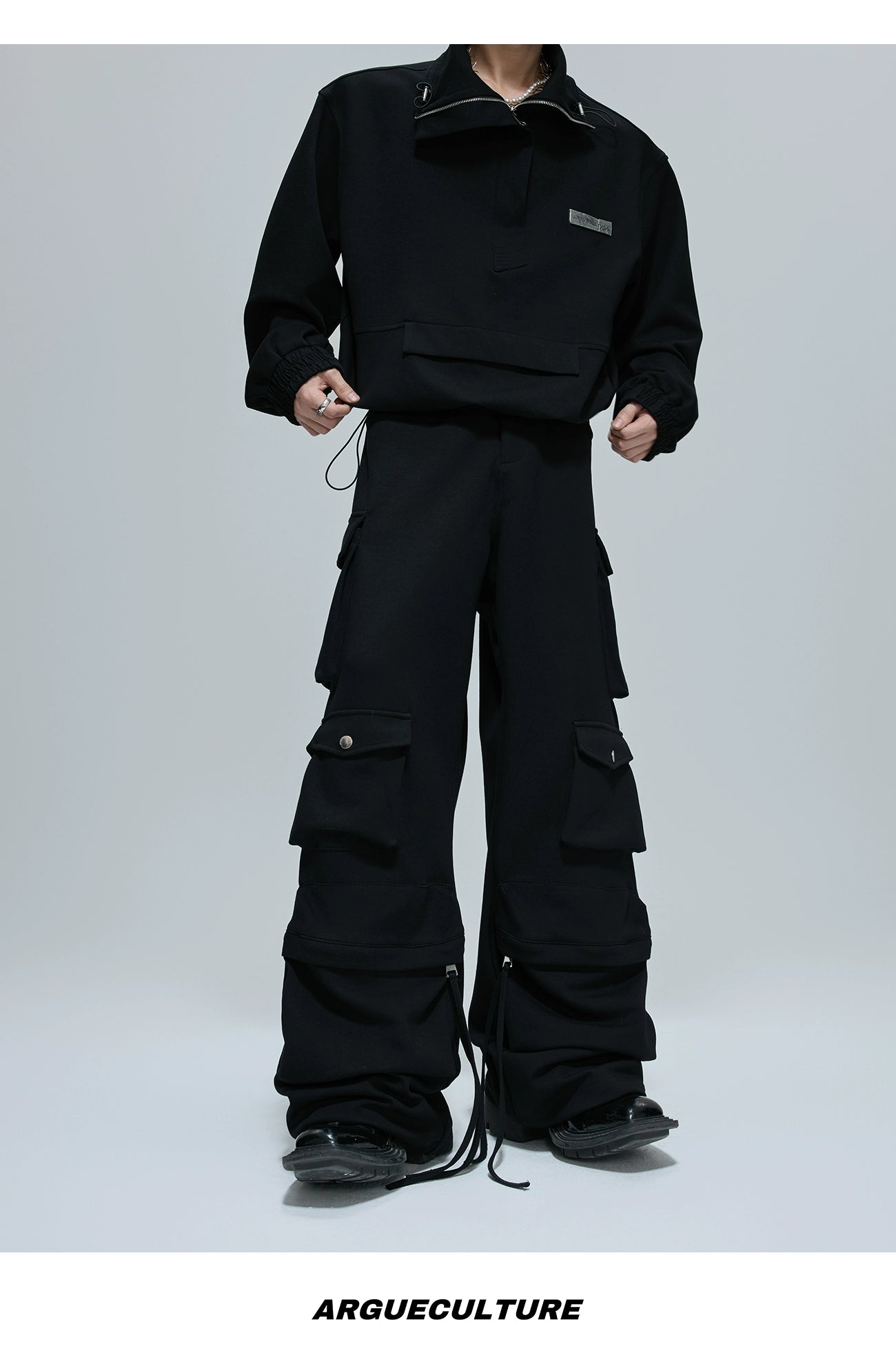 【25s Oct.】Casual Stand Collar Cropped Sweatshirt/Ribbon Pocket Pants