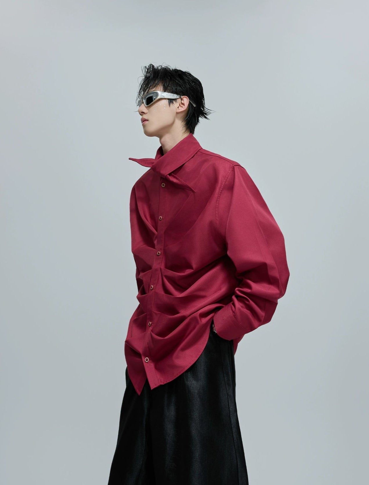 French Neckline Multi-layered Pleated Silk Scarf Shirt