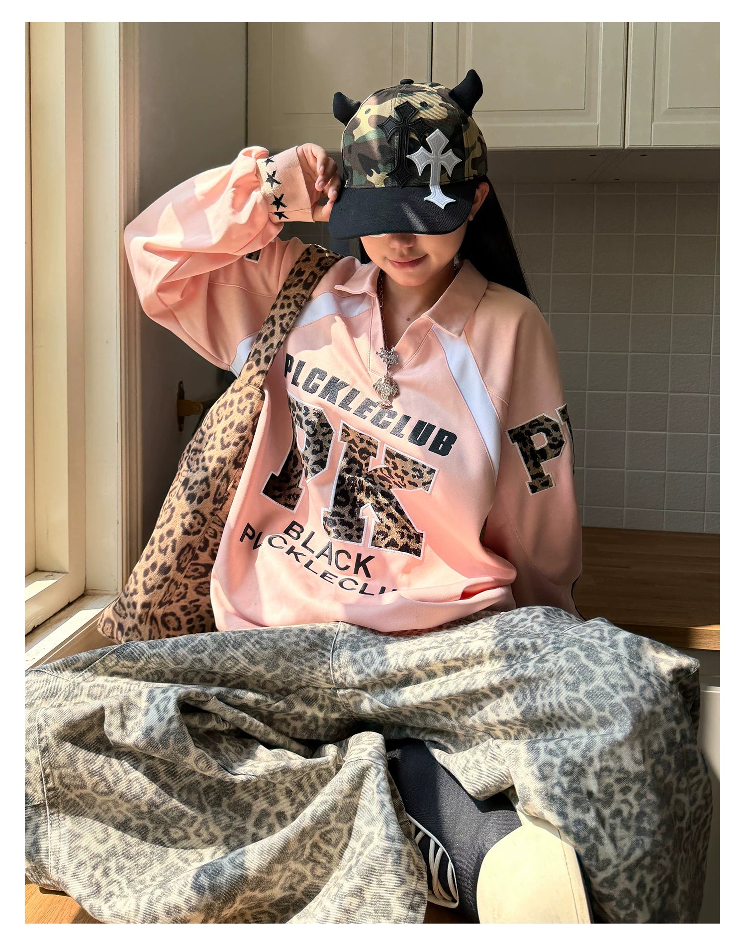 【26s Apr.】Leopard Stripe Oversized Polo Long Sleeve Tee
