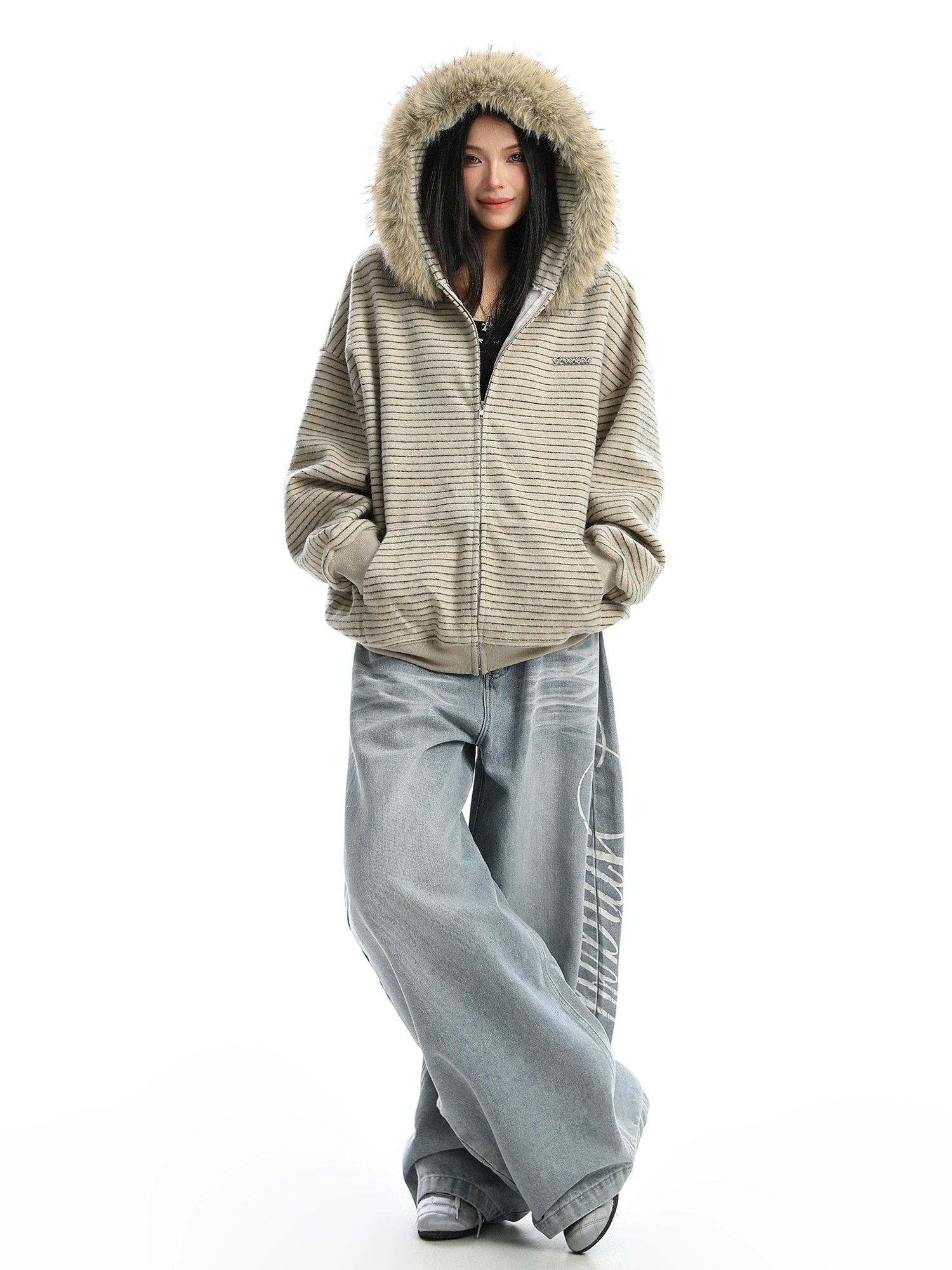 【25s Nov.】Striped Detachable Fur Collar Hooded Sweatshirt