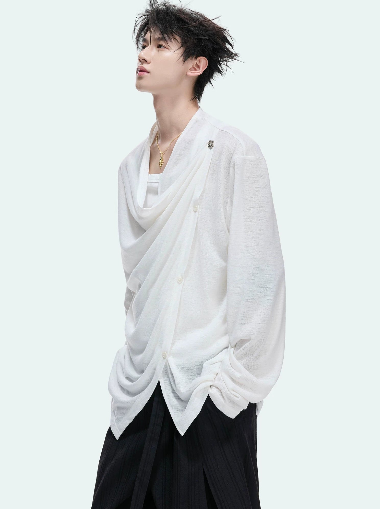 Textured Asymmetric Button Long Sleeve Top