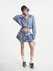 【25s Aug.】Plaid Cropped Shirt & Puff High-Waisted Skirt Set