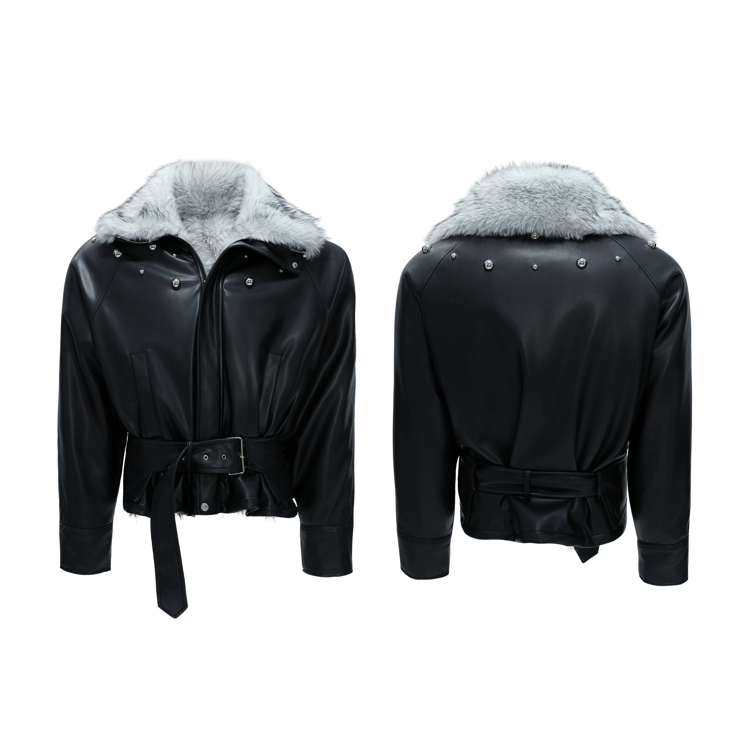 【25s Nov.】Riveted Faux Wolf Fur Collar Thickened Cotton Coat