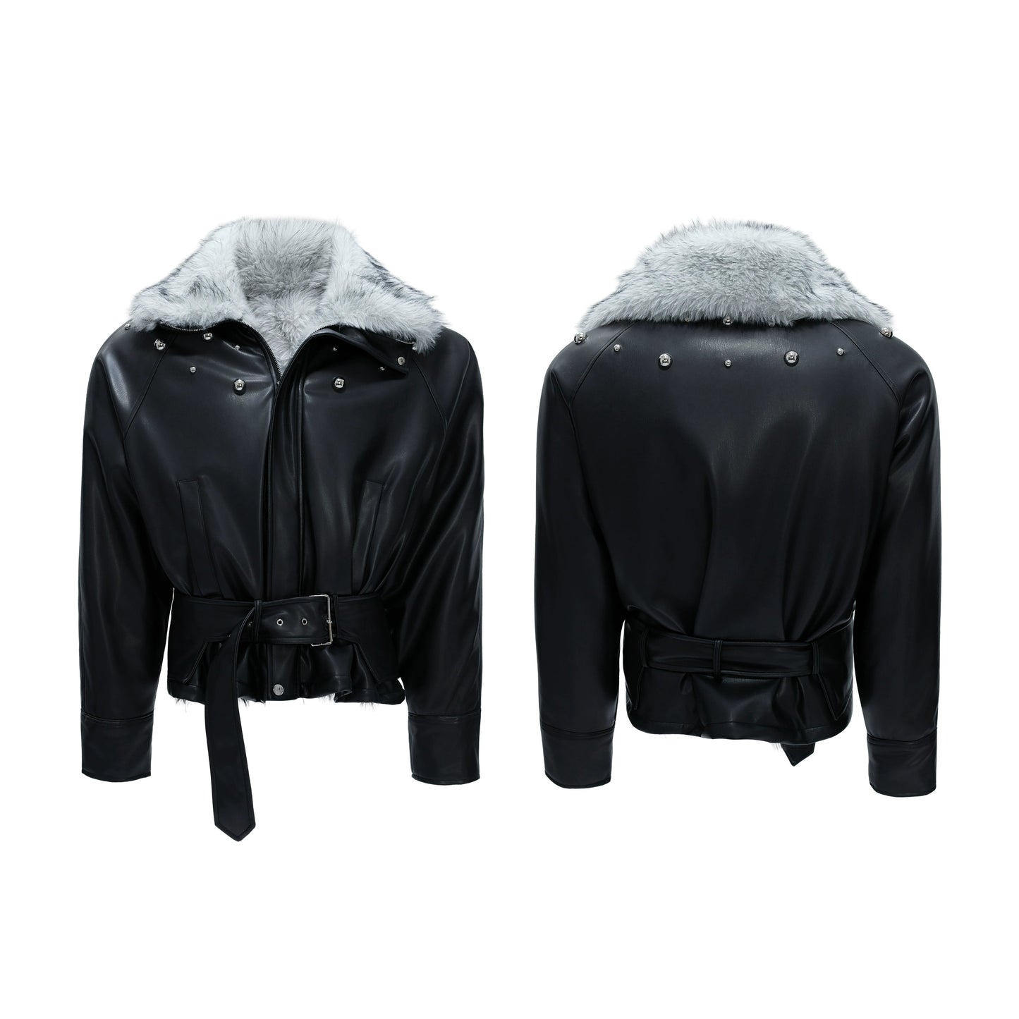 【25s Nov.】Riveted Faux Wolf Fur Collar Thickened Cotton Coat