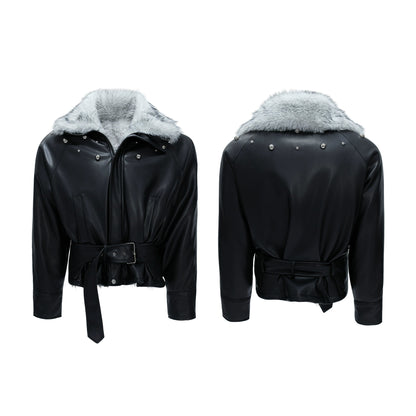 【25s Nov.】Riveted Faux Wolf Fur Collar Thickened Cotton Coat