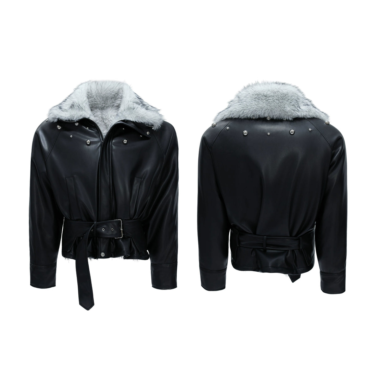 【25s Nov.】Riveted Faux Wolf Fur Collar Thickened Cotton Coat