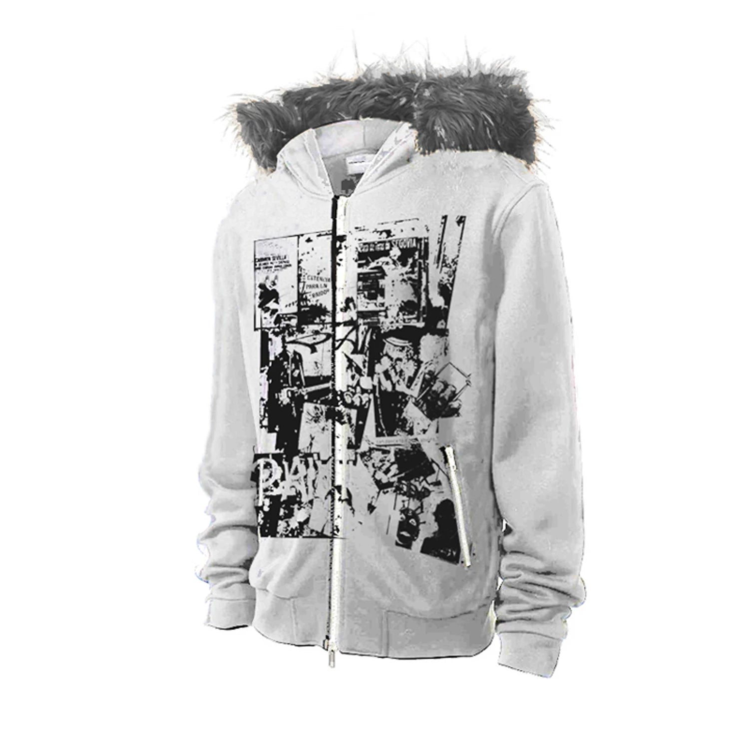 【26s Jan.】Vintage Printed Fur-Trim Zip-Up Hoodie Jacket