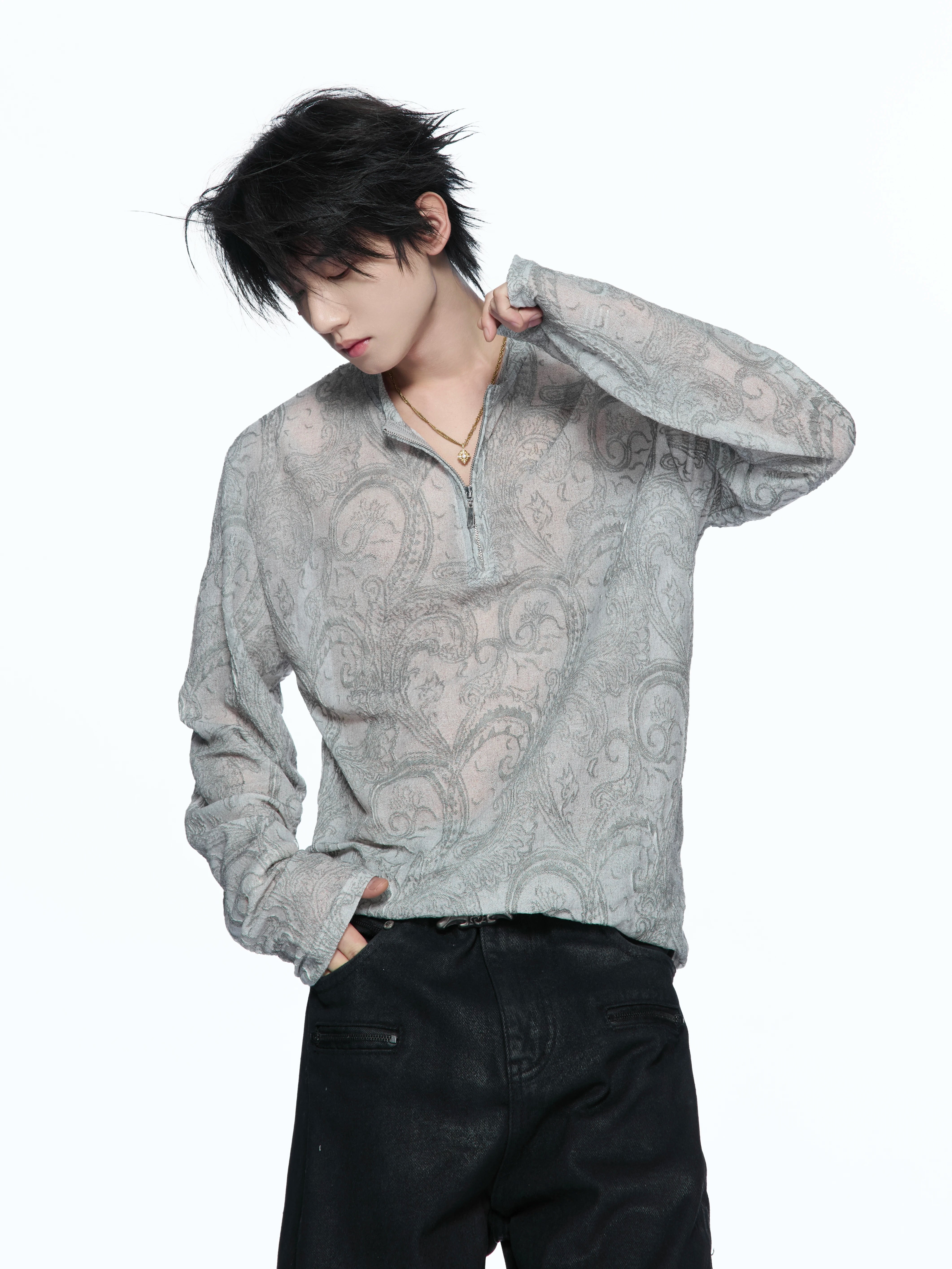 Paisley Totem Half-Zip Floral Mesh Long Sleeve Top