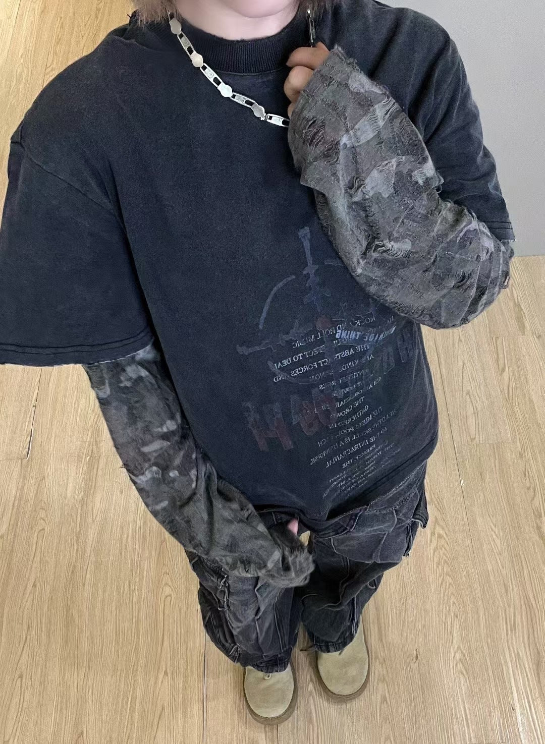 Layered Distressed Washed Long Sleeve Tee