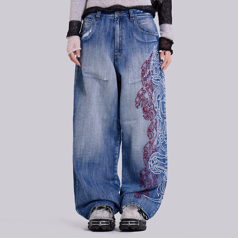 【25s Aug.】Embroidered Totem Mid-Rise Wide-Leg Jeans