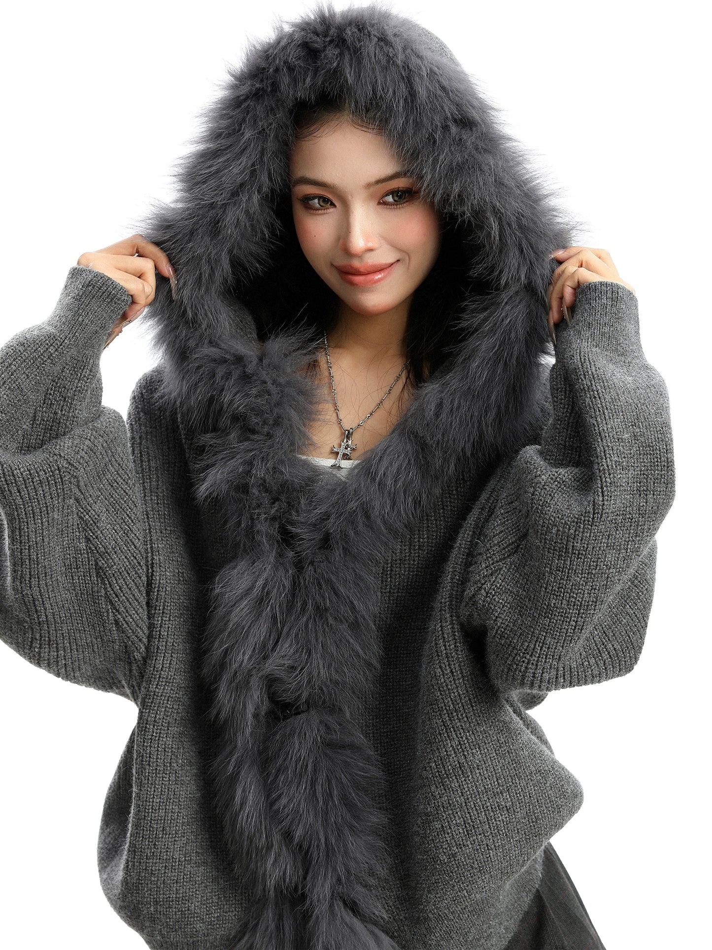 【25s Nov.】Large Fur Collar Hooded Cardigan