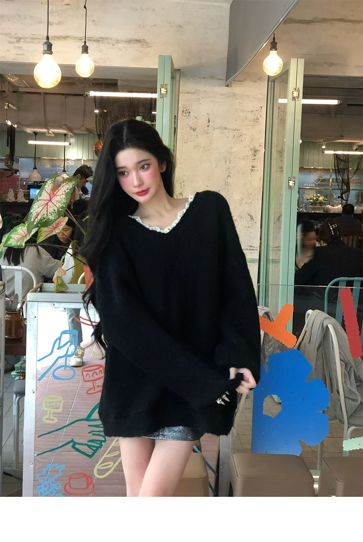 【24s Dec.】Bow Lace Loose Backless Sweater