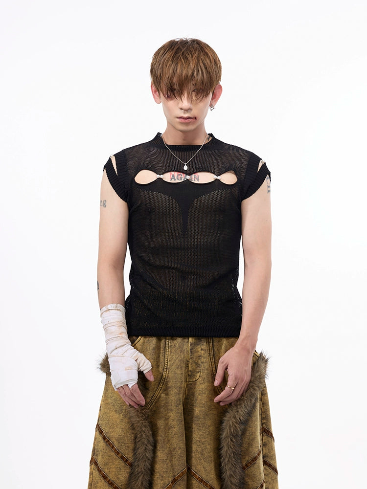 【25s Jul.】Hand-Beaded Sheer Black Webbed Knit Vest