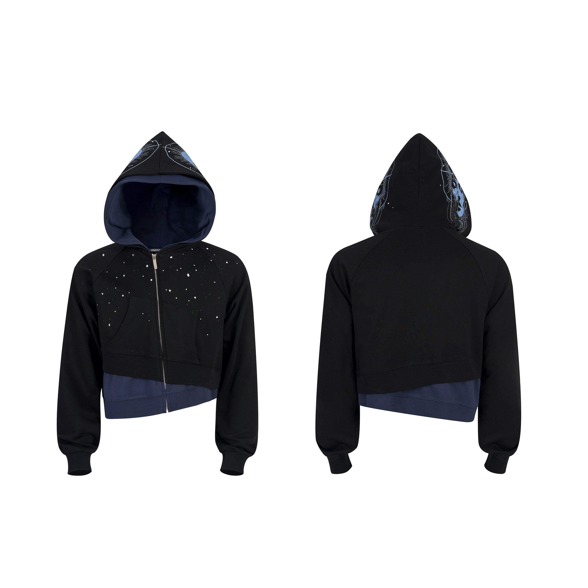 【25s Nov.】Rhinestone-studded Diagonal Zipper Short Printed Jacket