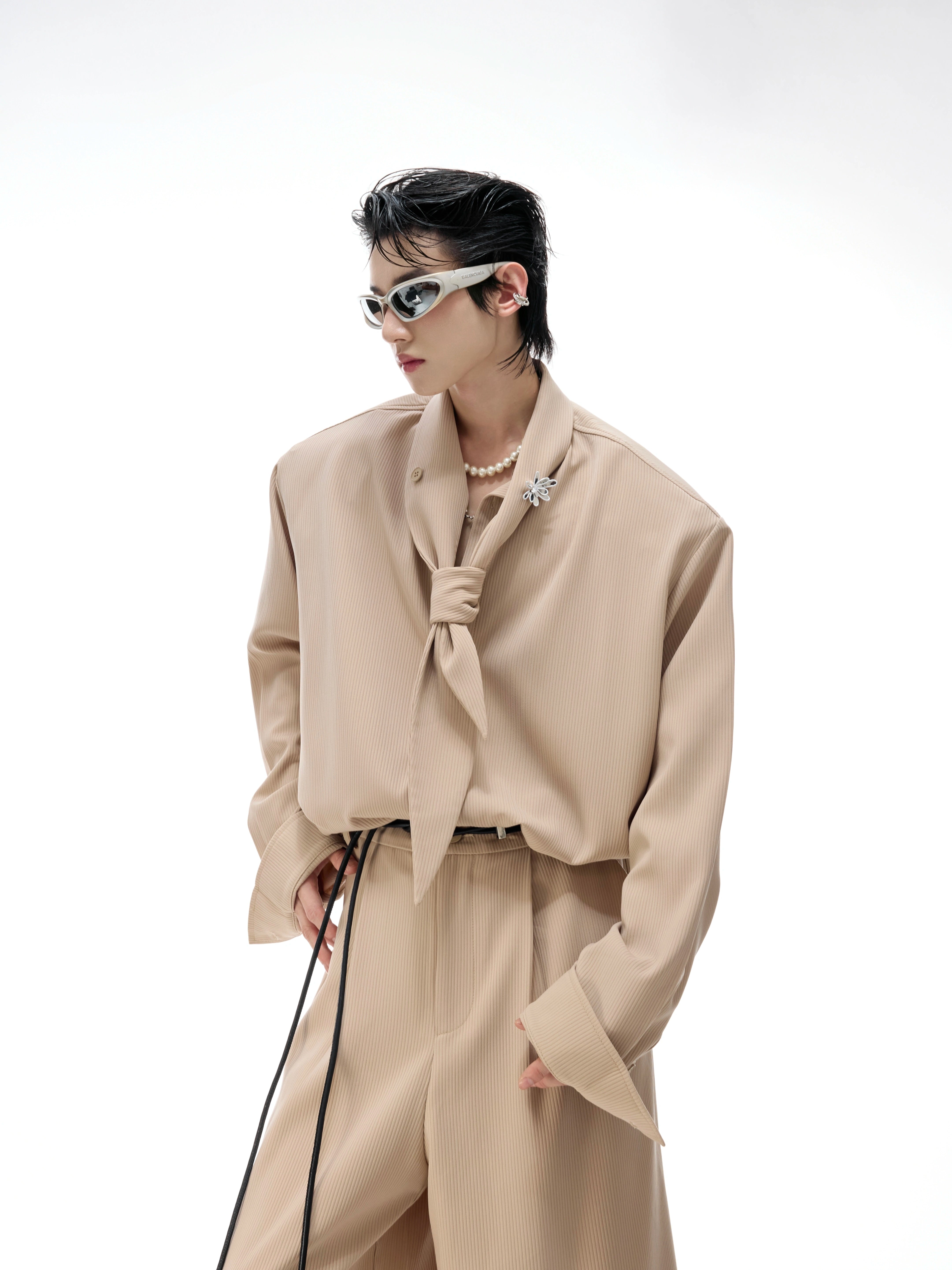 【25s Sep.】Scarf Shoulder Pad Shirt / Drape Wide-leg Pants