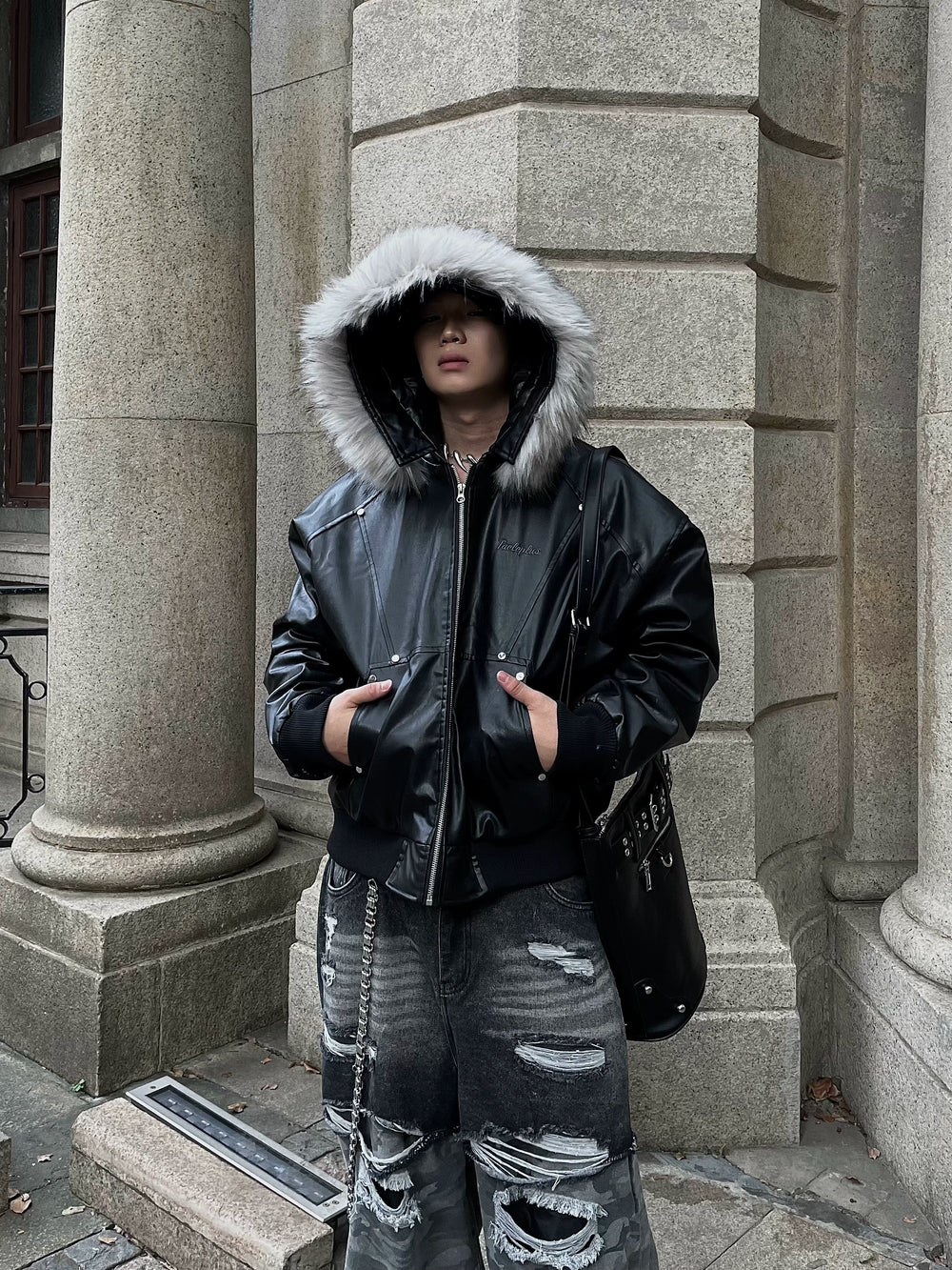 【24s Nov.】Designed Detachable Fur Collar Hooded Leather Jacket ArtsKoreanMan