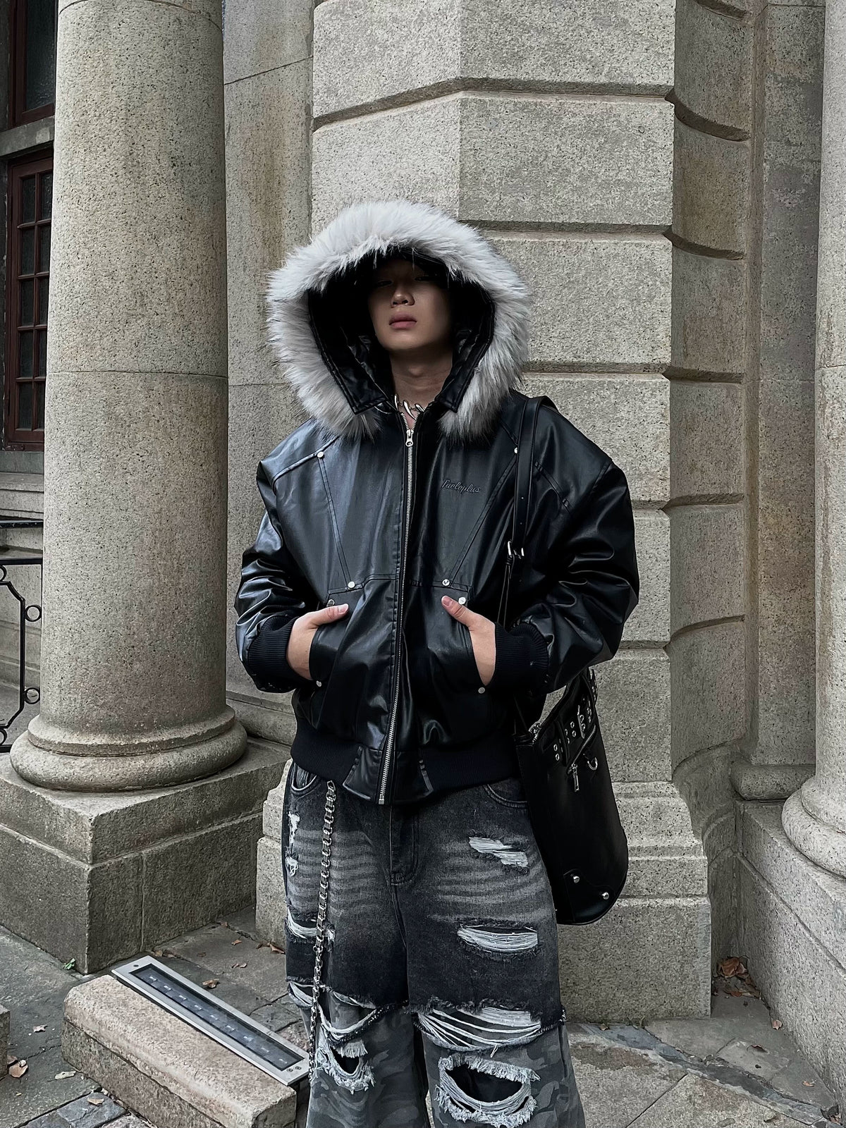 【24s Nov.】Designed Detachable Fur Collar Hooded Leather Jacket ArtsKoreanMan