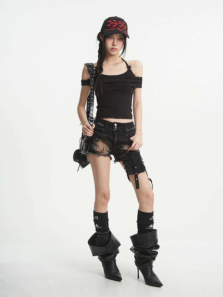 【25s Aug.】Vintage Distressed Shorts with Waist Bag