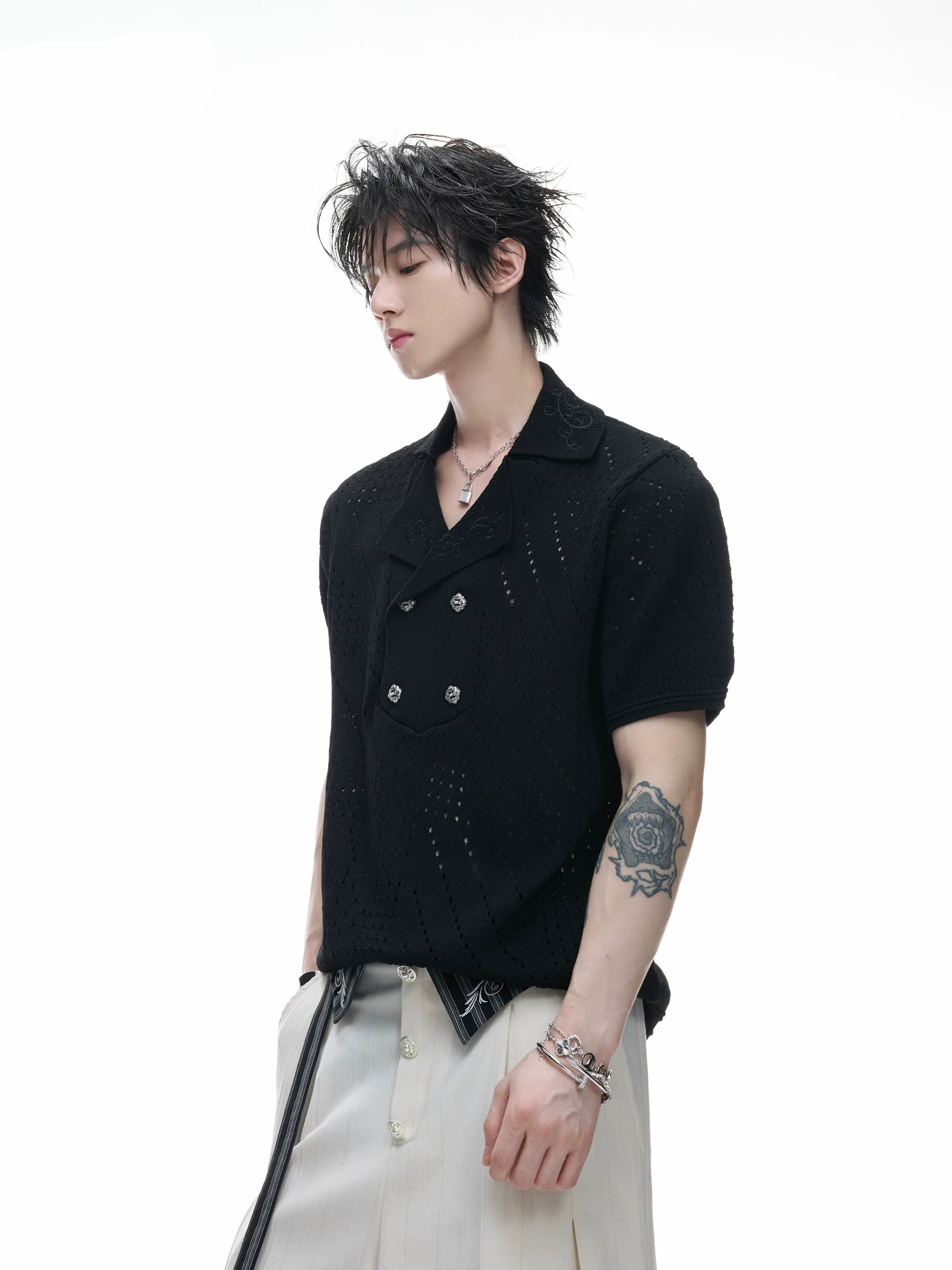 Openwork Embroidered Knit Polo Tee